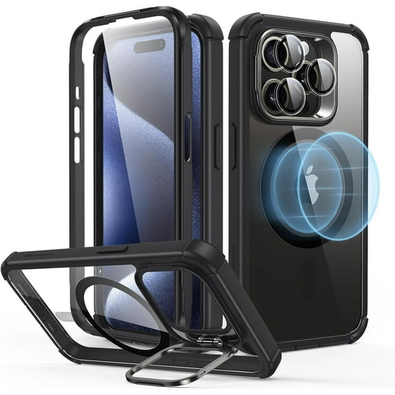 ESR for iPhone 14 Pro Max Case with Stand, Compatible MagSafe, Full-Body Military-Grade Drop Proof Built-in 9H+ Tempered Glass Screen Protector, Armor Series, Clear Black