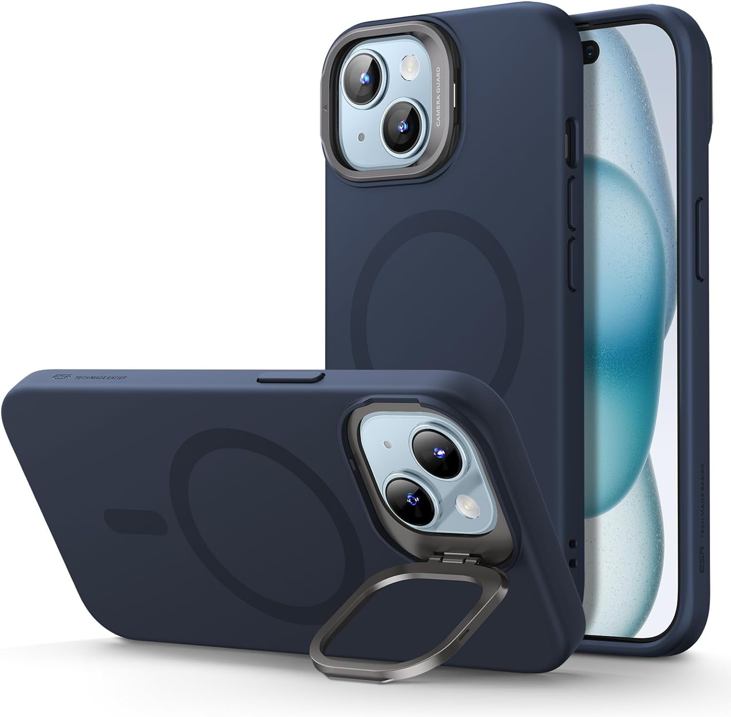 ESR iPhone 15 Plus Built-in Grip Ring Silicone Cell Phone Case, Blue