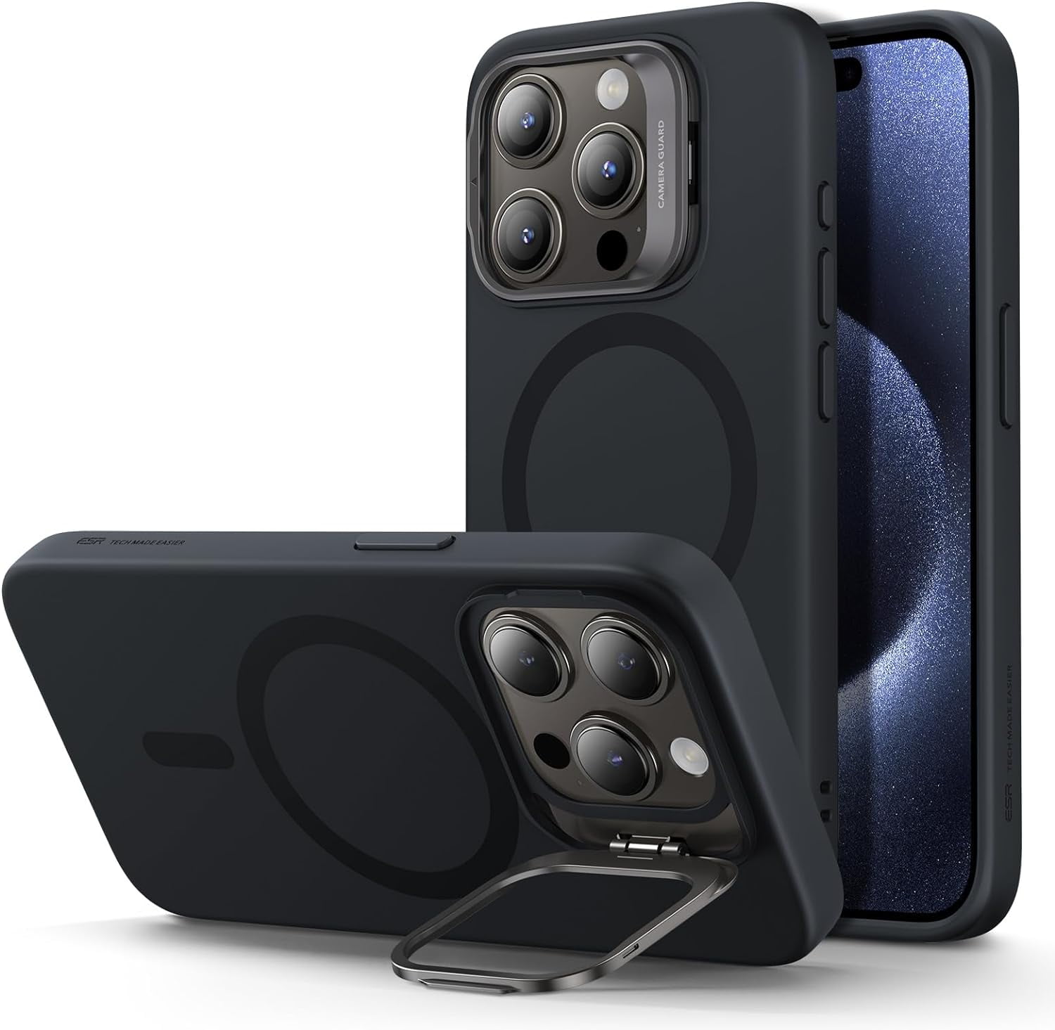 ESR iPhone 15 Pro Case, MagSafe Silicone Case with Stand, Military-Grade Protection, Built-in Camera Stash Stand, Black