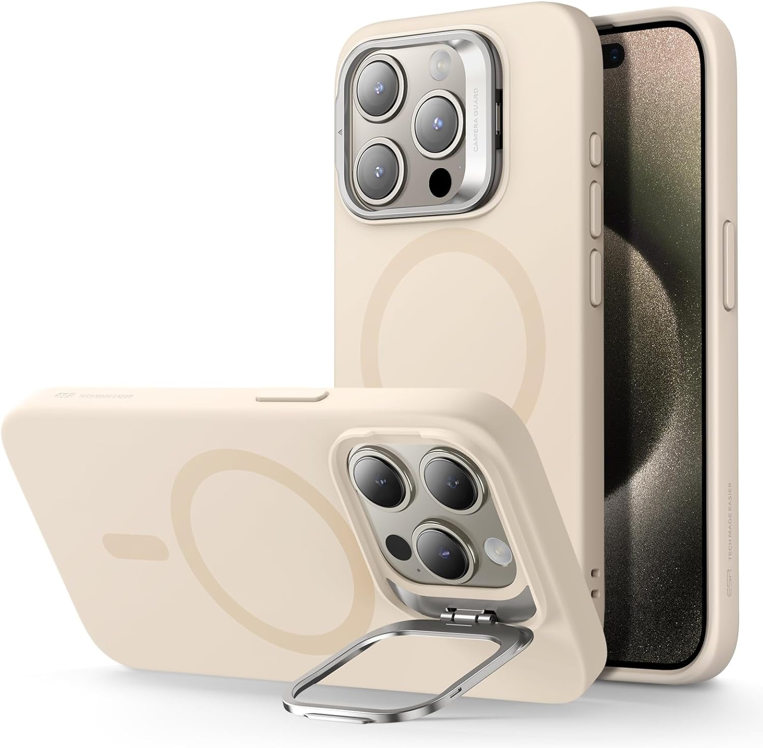 ESR iPhone 15 Pro Case, MagSafe Silicone Case with Stand, Military-Grade Protection, Built-in Camera Stash Stand, Light Tan