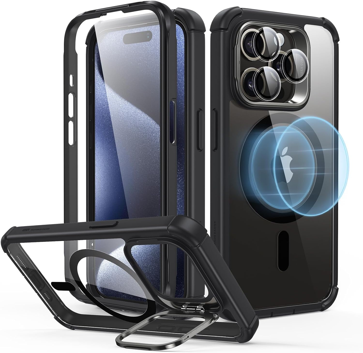 ESR iPhone 15 Pro Case with Stand MagSafe, Military-Grade Drop Proof with 9H+ Tempered Glass Screen Protector, Black