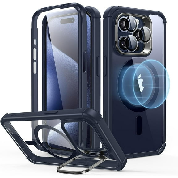 ESR iPhone 15 Pro Case with Stand MagSafe, Military-Grade Drop Proof with 9H+ Tempered Glass Screen Protector, Dark Blue