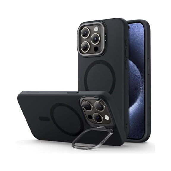 ESR for iPhone 15 Pro Max Case, MagSafe Silicone Case with Stand, Military-Grade Protection, Built-in Camera Stash Stand, Magnetic Phone Case for iPhone 15 Pro Max, Cloud Series, Black
