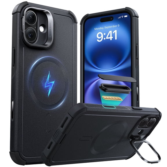 ESR Case with Stash Stand Compatible with iPhone 16 Plus, 7X Military-Grade Drop Protection & Camera Control, MagSafe Compatible Shock-Absorbing, Black