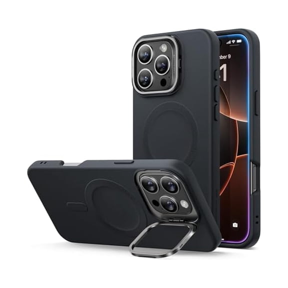 ESR for iPhone 16 Pro Case, Silicone Case with Stand, Compatible with MagSafe, Military-Grade Protection, Built-in Camera Stash Stand, Magnetic Phone Case for iPhone 16 Pro, Cloud Series, Black