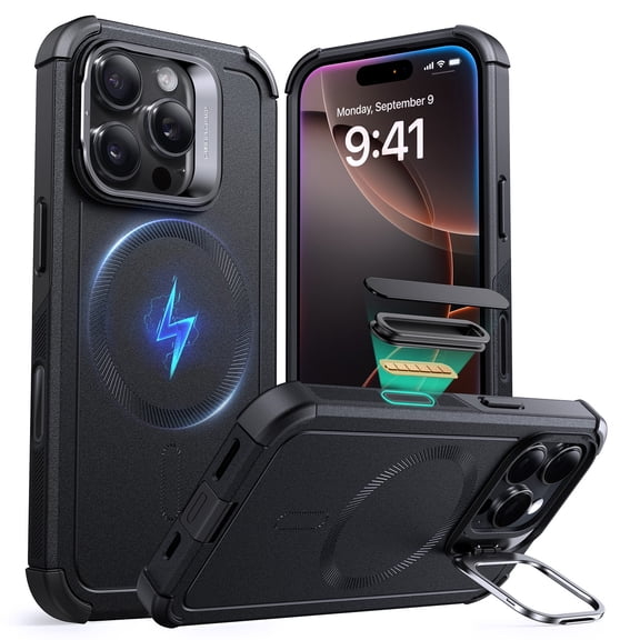 ESR Case with Stash Stand Compatible with iPhone 16 Pro, 7X Military-Grade Drop Protection & Camera Control, MagSafe Compatible Shock-Absorbing, Black