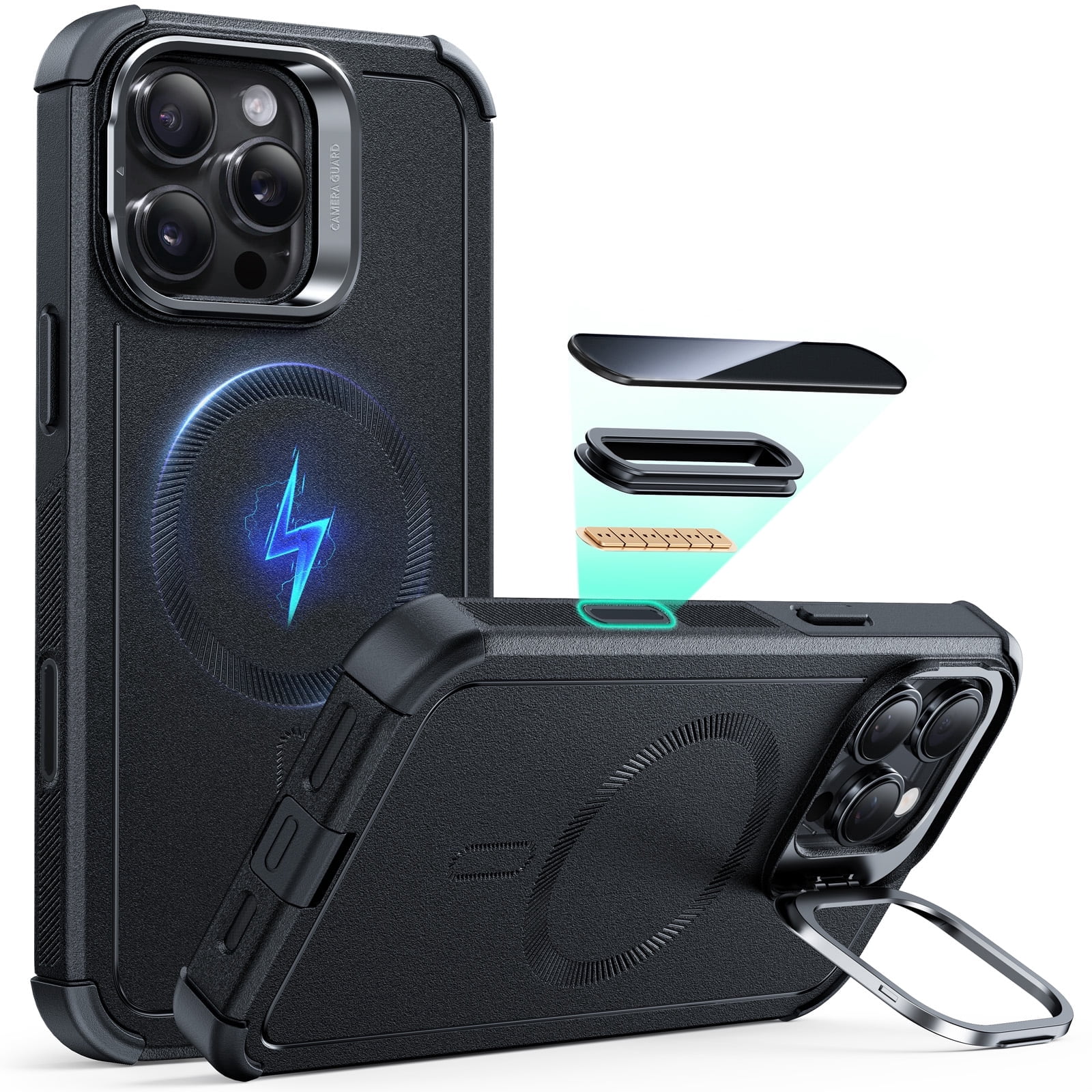 ESR Case with Stash Stand Compatible with iPhone 16 Pro Max, 7X Military-Grade Drop Protection & Camera Control, MagSafe Compatible Shock-Absorbing, Black