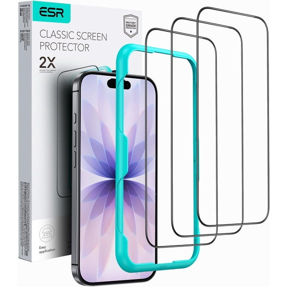 ESR Screen Protector Compatible with iPhone 17/16 Pro, 9H Hardness & Military Grade Shatterproof, Full Coverage Tempered Glass Film with Easy Installation Tool, 3 pack
