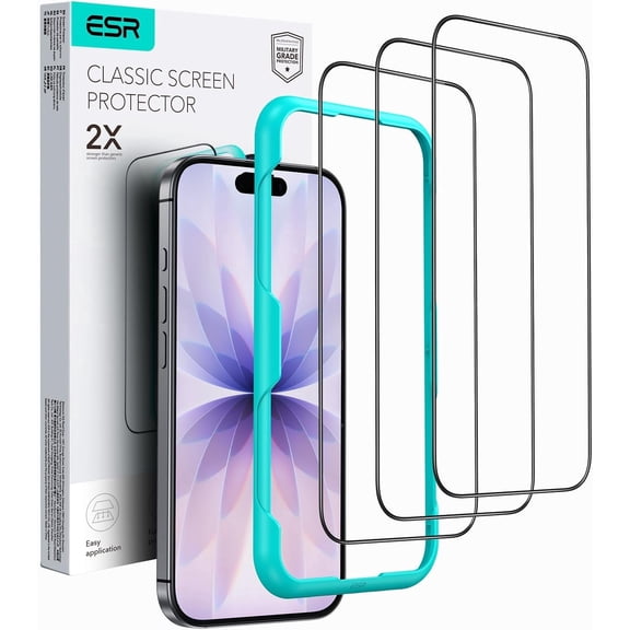 ESR Screen Protector Compatible with iPhone 17/16 Pro, 9H Hardness & Military Grade Shatterproof, Full Coverage Tempered Glass Film with Easy Installation Tool, 3 pack