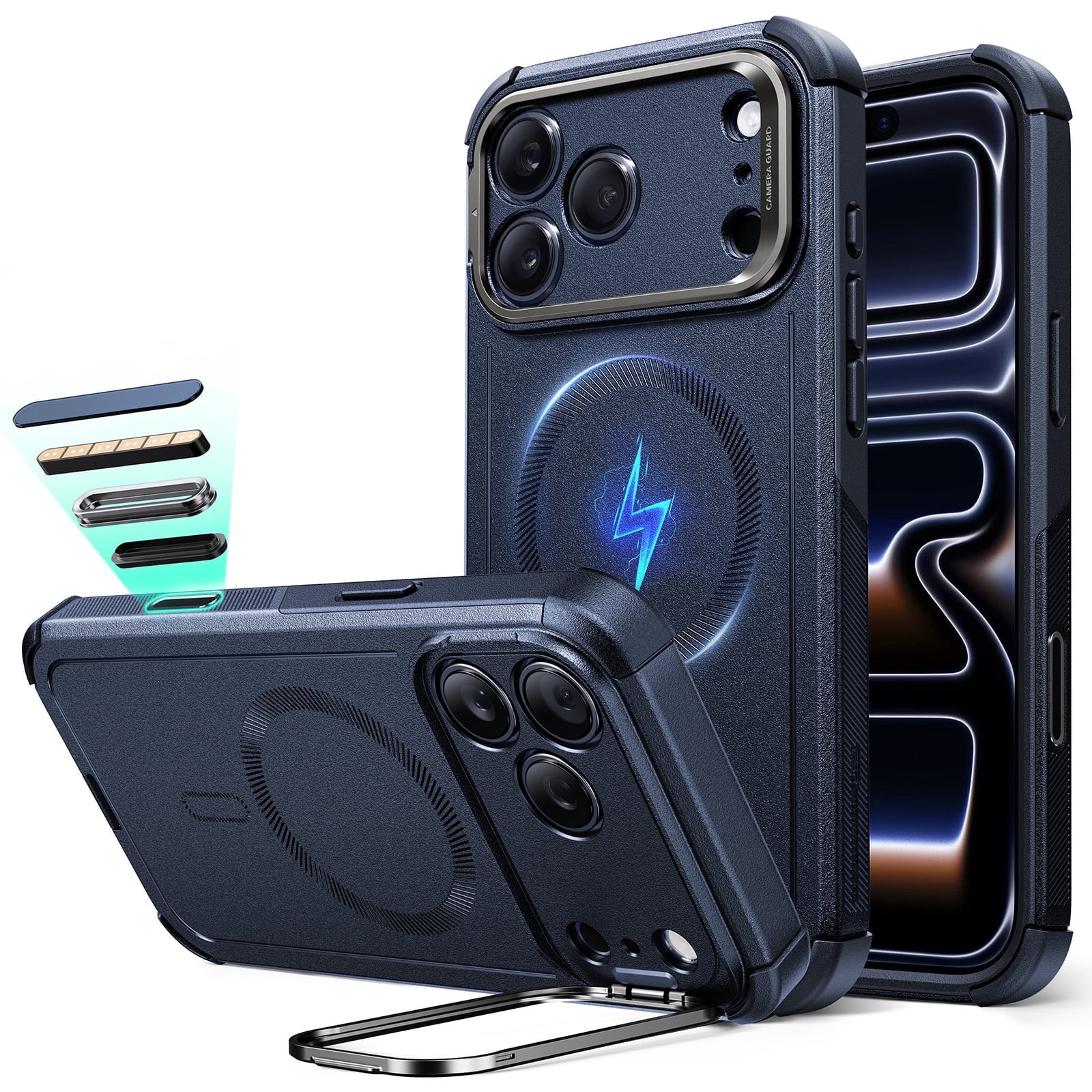 ESR Case with Stash Stand Compatible with iPhone 17 Pro, 7X Military-Grade Drop Protection & Camera Control, MagSafe Compatible Shock-Absorbing, Navy Blue