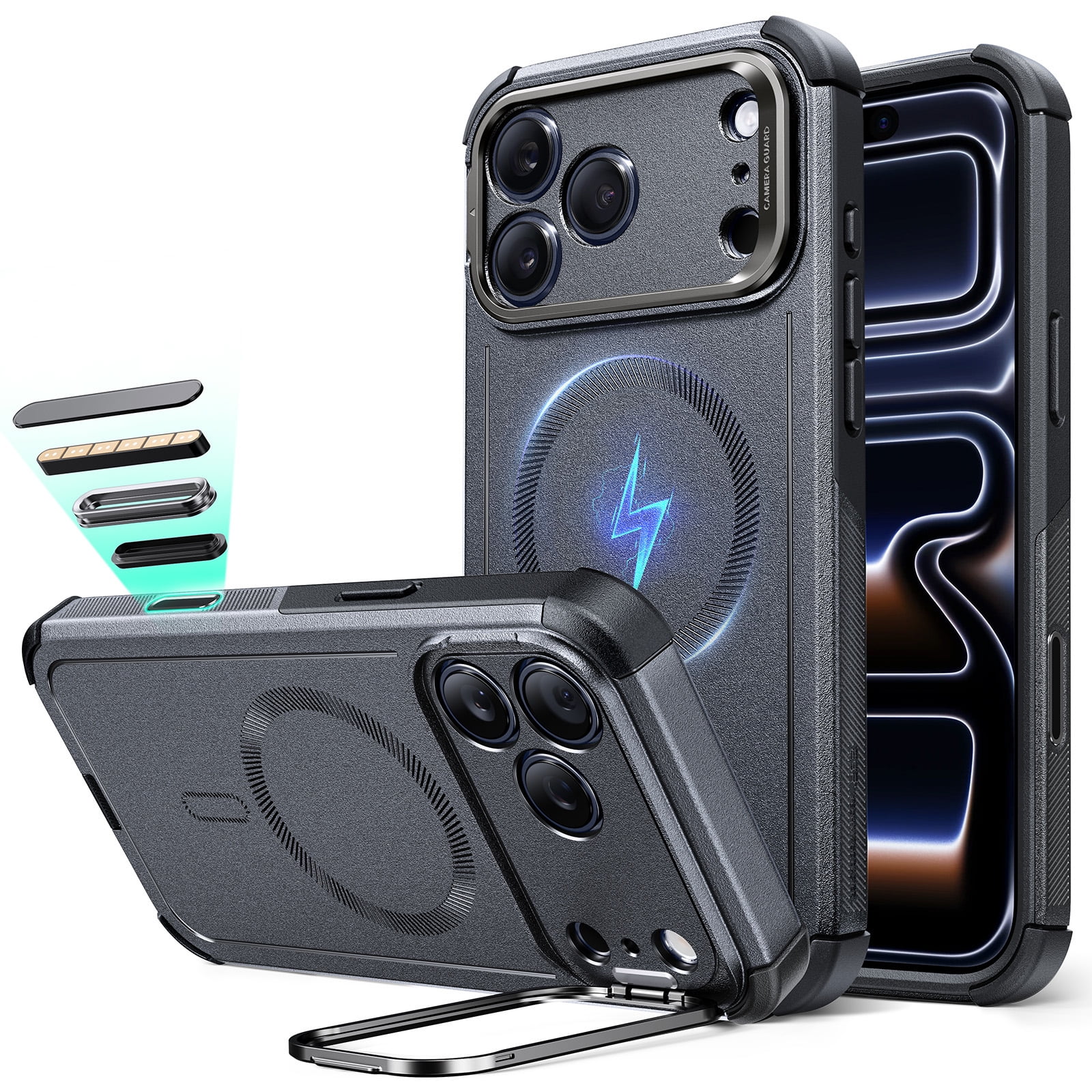 ESR iPhone 17 Pro Case with Stash Stand, 7X Military-Grade Protection & Camera Control Button, MagSafe Compatible, Shock-Absorbing Rugged Cover, Gray