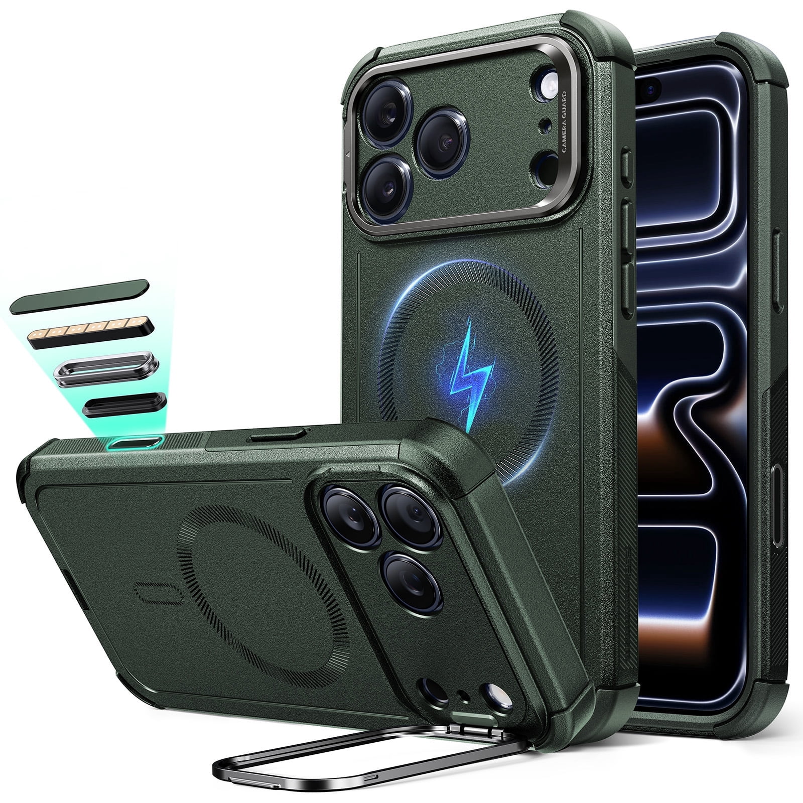 ESR Case with Stash Stand Compatible with iPhone 17 Pro Max, 7X Military-Grade Drop Protection & Camera Control, MagSafe Compatible Shock-Absorbing, Olive Green
