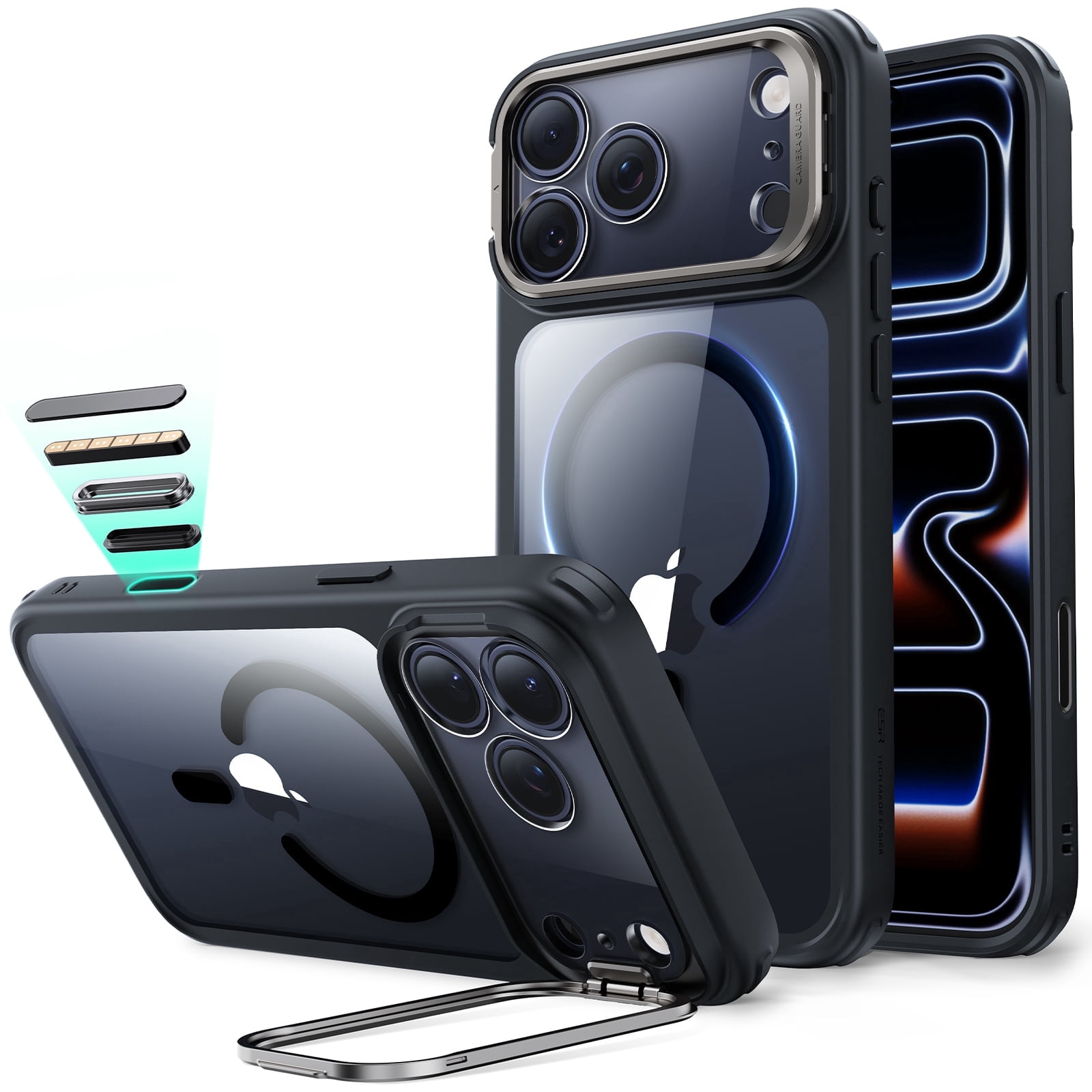 ESR Magnetic Case with Stash Stand Compatible with iPhone 17 Pro Max, Military-Grade Drop Protection & Camera Control Cover, MagSafe Compatible Scratch-Resistant, Clear Black