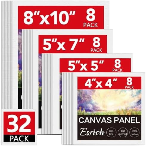 YNGLLC Canvas for Painting, 32 Pack Multi-Size Canvas Boards for Painting 8pcs of Each 4x4, 5x5, 5x7, 8x10 Blank Canvases-Cotton Primed Painting Canvas Panels for Adult & Kids for Acrylic Oil Paint