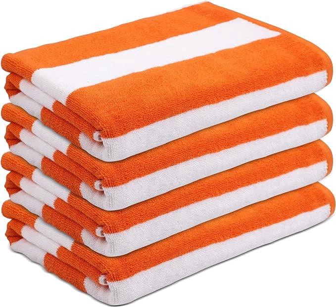 ESSELL 24/7 Oversized Cabana Stripe 4 Piece Beach Towel Set, 100% Cotton, Quick Dry, High Absorbent Bath Towel, (30”X60”), Perfect for Pool, Travel, Swim, Parties, Guests - Orange