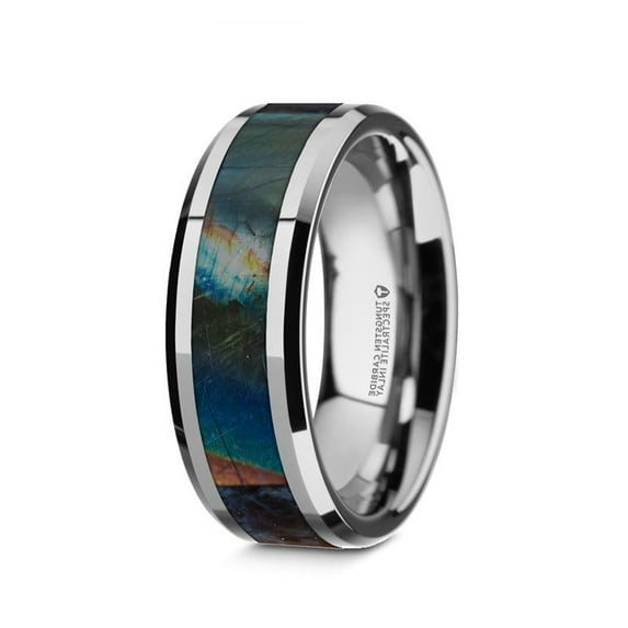 ESSENCE Men's Beveled Tungsten Carbide Ring with Spectrolite Inlay-8mm