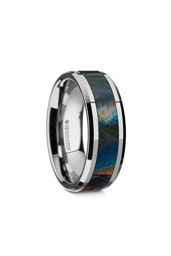 ESSENCE Men's Beveled Tungsten Carbide Ring with Spectrolite Inlay-8mm