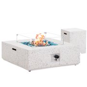 ESSENTIAL LOUNGER 35 inch Concrete Propane Fire Pit Table, 50,000 BTU Outdoor Square Firepit Table for Garden＆Patio, with Propane Tank Table, Glass Wind Guard and Waterproof Cover, White