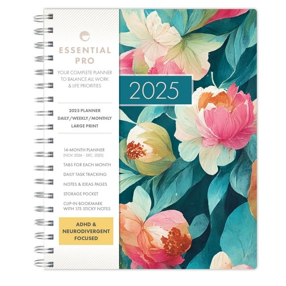 ESSENTIAL PRO 2025 Daily, Weekly & Monthly Planner, 7"x9": 14 Months (Nov 2024 - Dec 2025) Monthly Tabs,Daily Tracking,Notes Pages,Storage Pocket,Bookmark w Sticky Notes (Teal Floral)