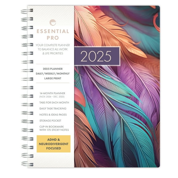 ESSENTIAL PRO 2025 Daily, Weekly & Monthly Planner, 7"x9": 14 Months (Nov 2024 - Dec 2025) Monthly Tabs,Daily Tracking,Notes Pages,Storage Pocket,Bookmark w Sticky Notes (Pastel Peacock)