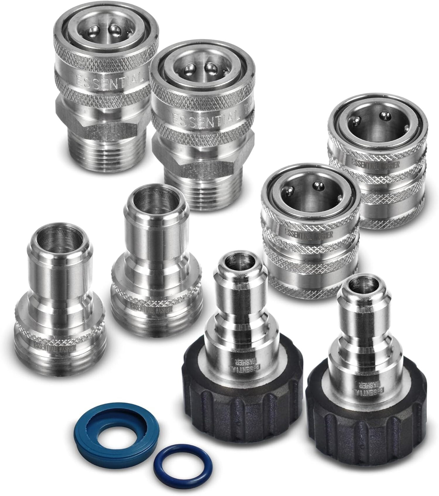 ESSENTIAL WASHER Pressure Washer Hose Quick Connect Kit, M22-14mm to 3/8' Male Female, Includes 2 Female  2 Male M22-14mm Plugs, 2 Male Garden Hose Plugs, 2 Female Garden Hose QC, O-Rings