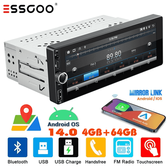 ESSGOO 4+64GB Single Din 6.86" Car stereo,Android 14.0 IPS Touch Screen Car Radio, Wireless Apple Carplay & Android Auto, Support Rear Camera Mirror Link,USB & Type C Charging, WIFI