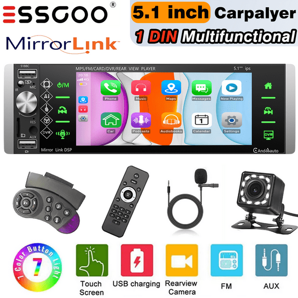 ESSGOO Single DIN 5.1" Car Stereo Radio Auto Radio Wireless Apple Carplay & Android Auto, 1120*480p Touchscreen, Mirror Link, Bluetooth,FM, 12LED Camera and Microphone