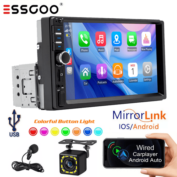 ESSGOO Single Din 7" Car Stereo with carplay, Wired Carplay & Android Auto, 800*480p Touchscreen with Bluetooth Mirror link, 7 Color Lights, 12 LED Rear Camera and Microphone