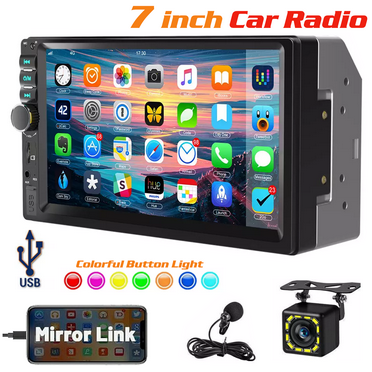 ESSGOO 7 inch Double Din Car stereo Wired Carplay with 1024*600p Touchscreen, 5.1 Bluetooth,12 LED Rearview Camera with Microphone