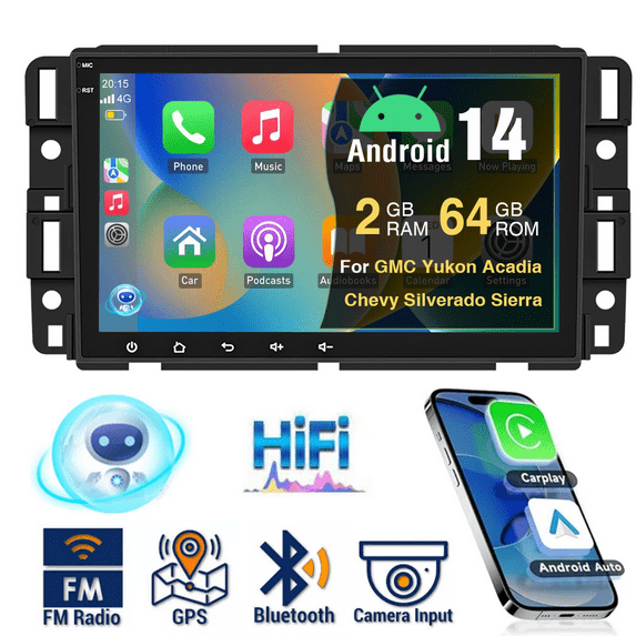 ESSGOO 8" Car Stereo for GMC / Chevy / Chevrolet, 2GB + 64GB Wireless Apple Carplay Android 14.0 Radio Head Unit,Voice Control with Bluetooth GPS Wifi Mirror Link, Support Rearview Camera, New