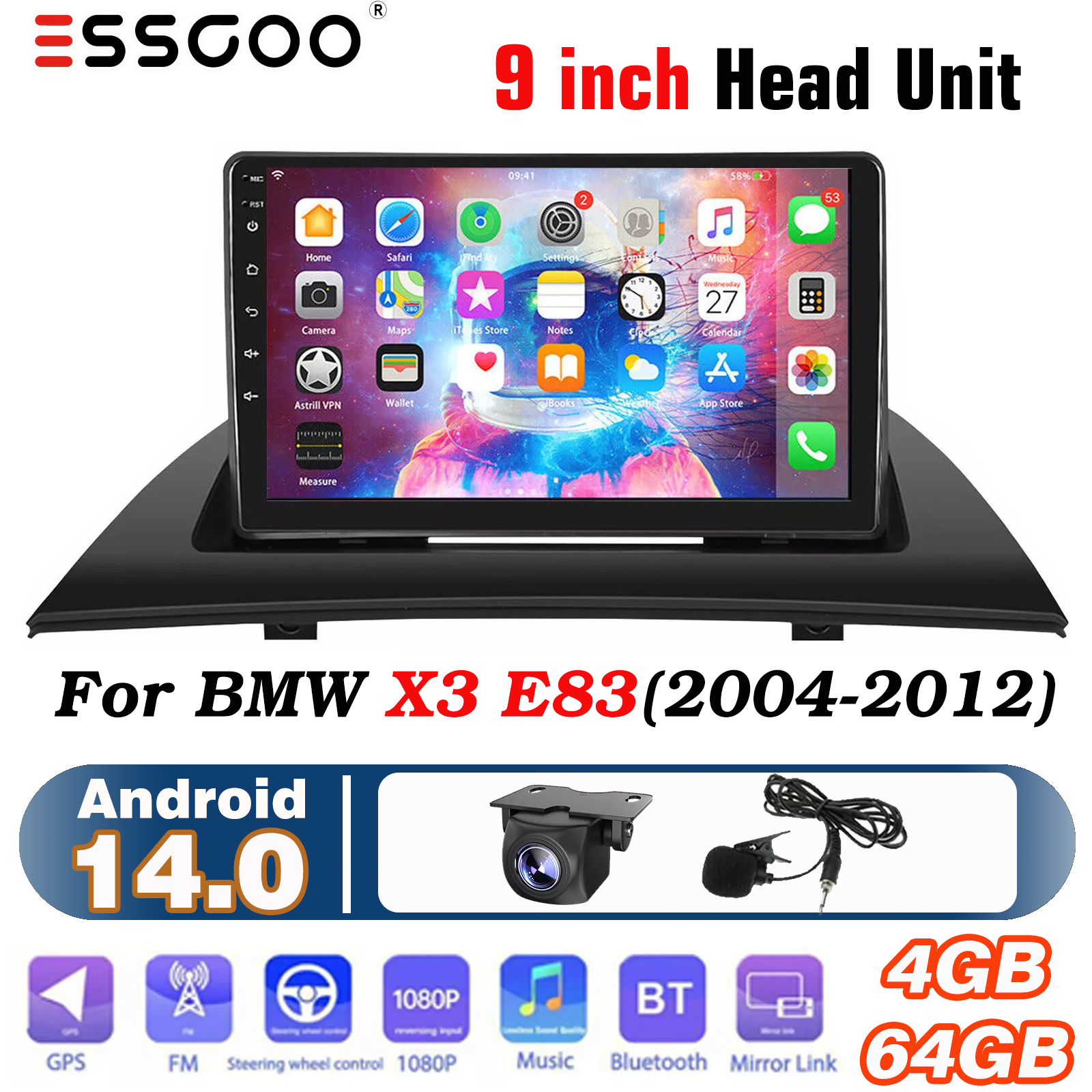 ESSGOO 9" Car Stereo Radio for BMW X3 E83 2004-2012, 4+64GB Android 14. ...