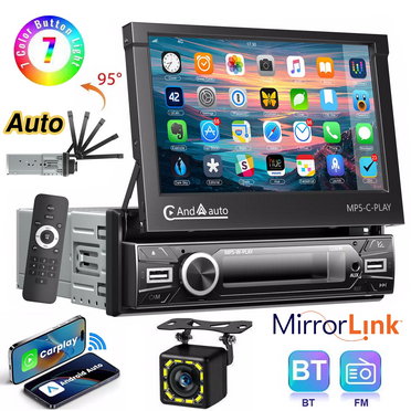 ESSGOO Auto Retractable Flip Out Single Din 7" Car Stereo Radio, 5.0 Bluetooth Touch Screen Apple Carplay & Android Auto with 12LED Rear View Camera, Support Mirror Link USB