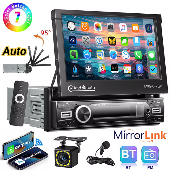 ESSGOO Auto Retractable Flip Out Single Din 7" Car Stereo Radio, 5.0 Bluetooth Touch Screen Apple Carplay & Android Auto with 12LED Rear View Camera Microphone, Support Mirror Link USB