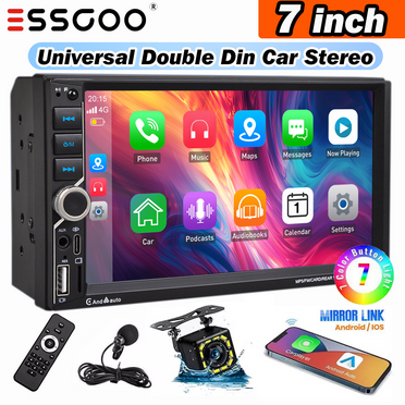 ESSGOO Double Din 7" Car Stereo Radio Wireless Apple/Android CarPlay  with 5.0 Bluetooth with 12 LED Camera, Mirror Link, 1024 600P Touch Screen FM  Radio