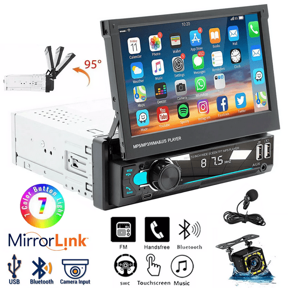ESSGOO Manual Flip Out Single DIN 7" Car Stereo Radio, 5.1 Bluetooth Touch Screen Carplay with 12LED Rear View Camera, Support Mirror Link FM AUX Dual USB Ports with Locate and Find Car Function