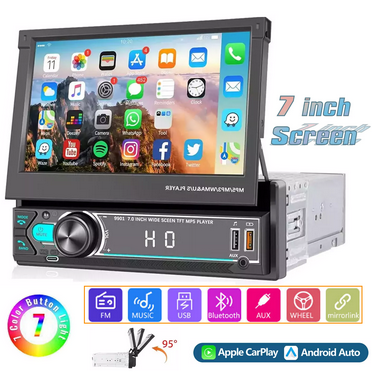 ESSGOO Flip Out Single DIN 7" Car Stereo Radio with 5.1 Bluetooth Touchscreen Carplay, Mirror Link with Locate and Find Car Function, Support Rear View Camera Input
