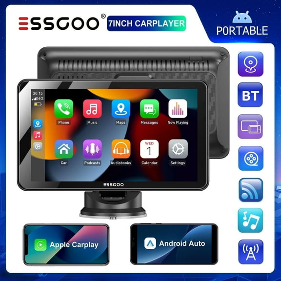 ESSGOO HD 7" Touch Screen Portable Player - Wireless CarPlay & Android Auto, Bluetooth/WiFi Connection, Mirror Link, Voice Control, GPS Navigation