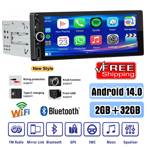 ESSGOO Single Din Android 14.0 Wireless 6.86“ Car Stereo Radio, 2+32GB Apple Carplay Android Auto with 5.1 Bluetooth Touch Screen MP5 Player FM Radio Receiver
