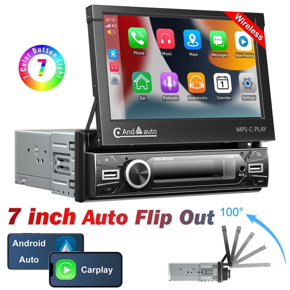 ESSGOO 7 inch Car Stereo Auto Retractable Flip Out Single Din Radio, 1024 600P Touchscreen Carplay, Support 5.0 Bluetooth / Mirror Link / AUX / TF Slot / Corlorful Lights