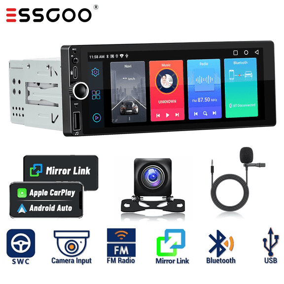 ESSGOO Single Din 6.86" Car stereo,4+64GB Android 14.0 IPS Touchscreen, Wireless Apple Carplay & Android Auto,AHD Rear View Camera, USB & Type C Charging,Mirror Link FM Car Radio, New
