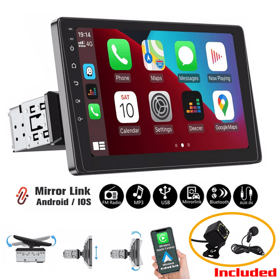 ESSGOO Single Din 9" Car Stereo Radio with Wireless Apple Carplay & Android Auto, 12LED Rear View Camera and Microphone, 1120*480p Touchscreen Bluetooth with Mirror Link FM AUX USB