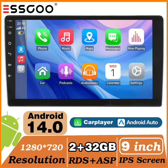 ESSGOO Wireless 2+32GB Double Din 9" Car Stereo with Apple Carplay & Android Auto, Touchscreen Car Audio Receiver, Mirror Link with Bluetooth, FM Radio, Support Rear View Camera