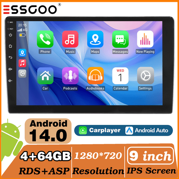 ESSGOO Wireless 4+64GB Double Din 9" Car Stereo with Apple Carplay & Android Auto, Touchscreen Car Audio Receiver, Mirror Link with Bluetooth, FM Radio, Support Rear View Camera