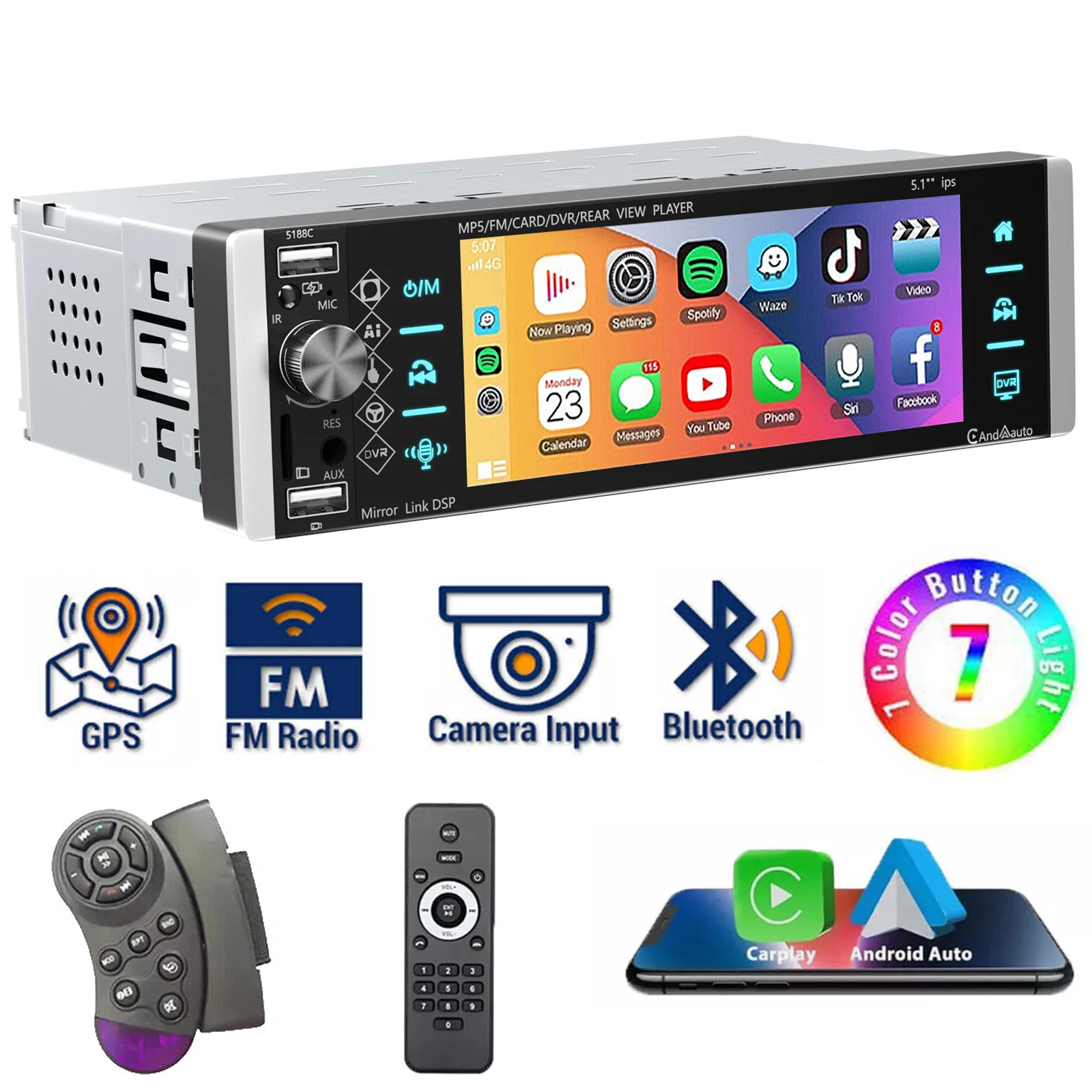 ESSGOO Single Din 5.1" Car Stereo with Wireless Apple Carplay & Android Auto, 1120*480 Touchscreen Bluetooth 5.0 with Mirror Link, FM Radio, 3 USB, New