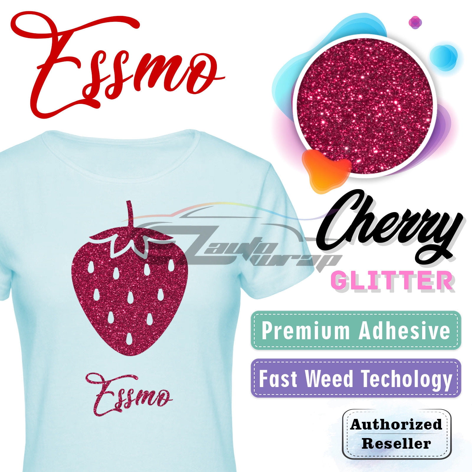 ESSMO Cherry Glitter Heat Transfer Vinyl HTV Sheet T-Shirt 20" Wide Iron On Heat Press DG11 20"x480"