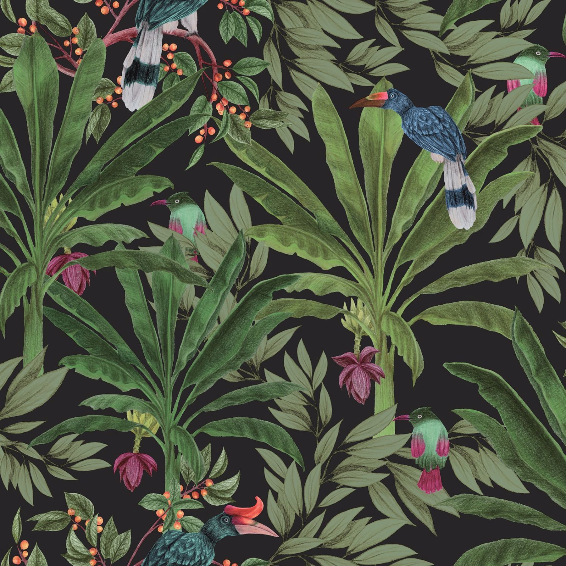 Carola Black Jungle Tropics Botanical Wallpaper, 20.9-in by 33-ft