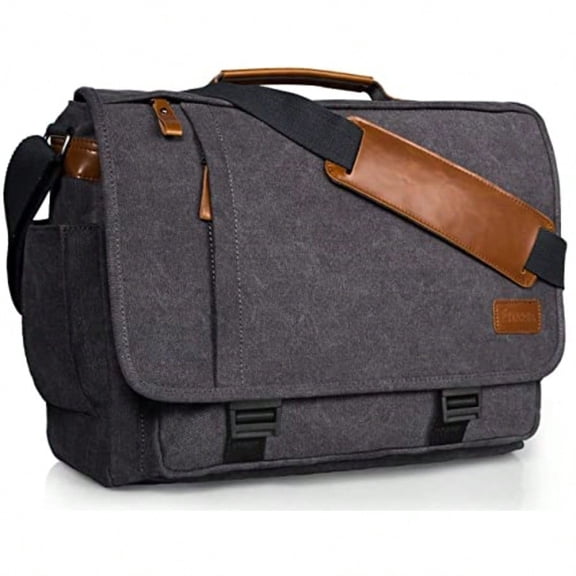 ESTARER Men Menger Bag 17-17.3 Inch Laptop Bag Water-resistant Canvas Computer Shoulder Bag Briefcase for Work College Travel Grey