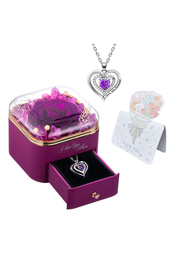 Preserved Real Purple Rose with Heart Necklace, Flowers Gift for Women, Mom, Wife, Grandma, Girlfriend | Birthday, Anniversary, Christmas, Valentine's, Grandparents Day Gifts for Her C113
