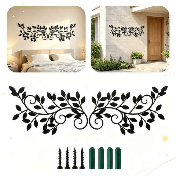 Metal Olive Branch Wall Decor Set of 2, Rust-Proof Leaf Vine Hanging Sculpture for Bedroom, Living Room and Porch Indoor & Outdoor Decor