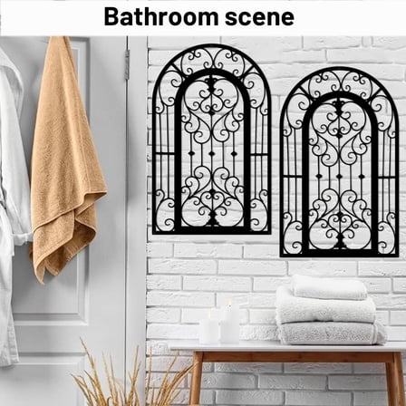 ESTART 2PCS Metal Window Arch Wall Art Rustic Farmhouse Style Wall Panels with Carved Iron Medallion Design for Home (Black)